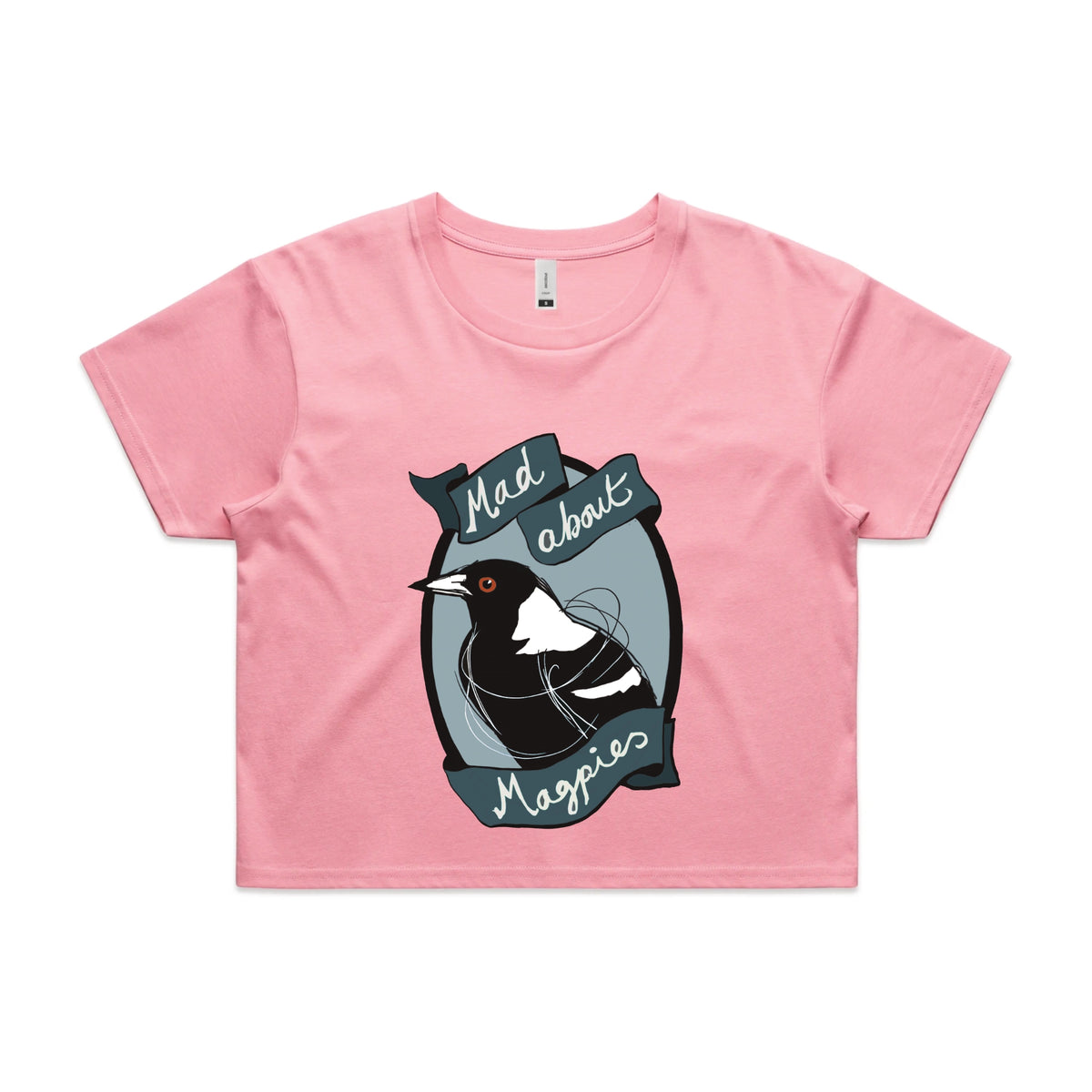 Bubblegum crop top with Mad About Magpies graphic by Lonely Kids Club
