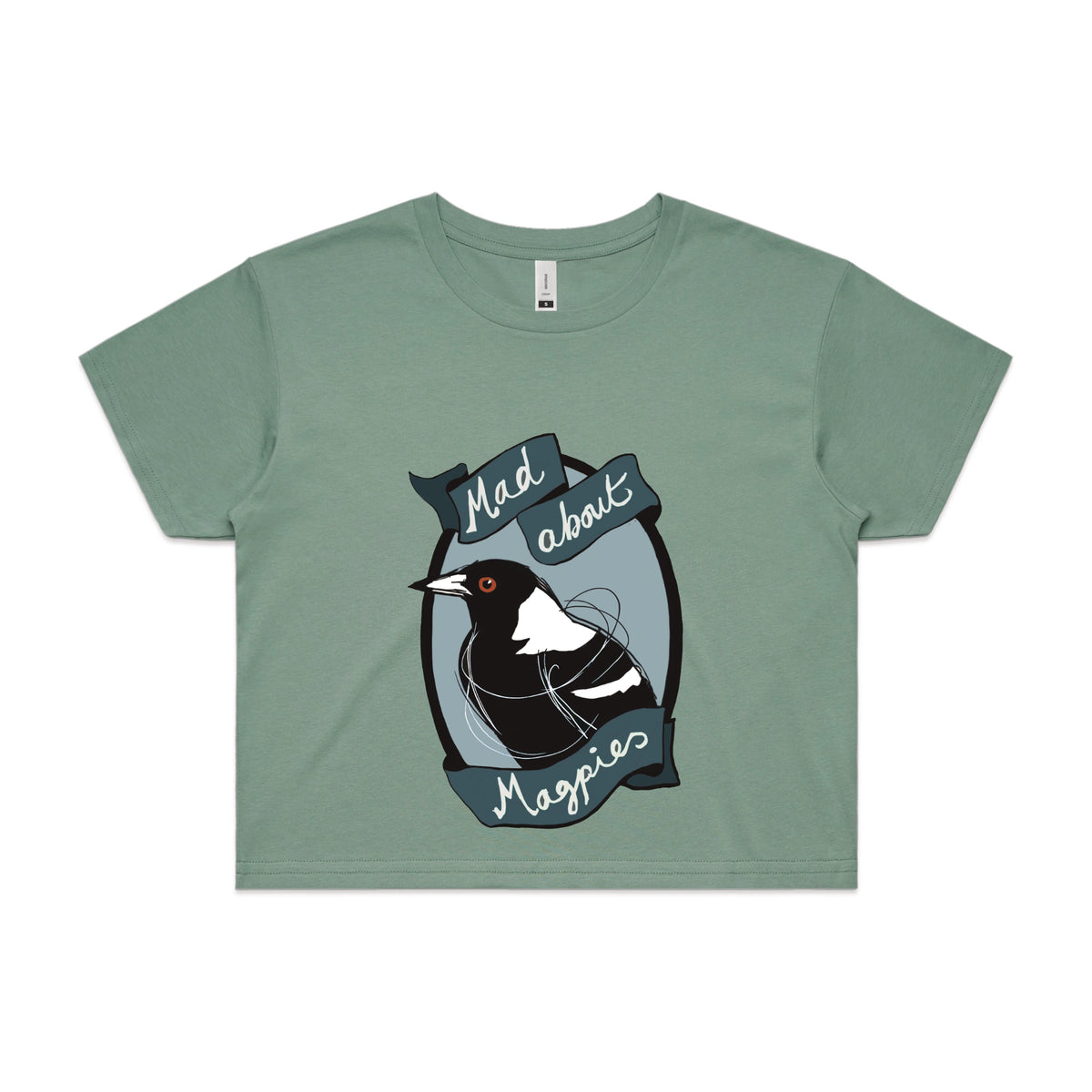 Sage crop top with Mad About Magpies graphic by Lonely Kids Club