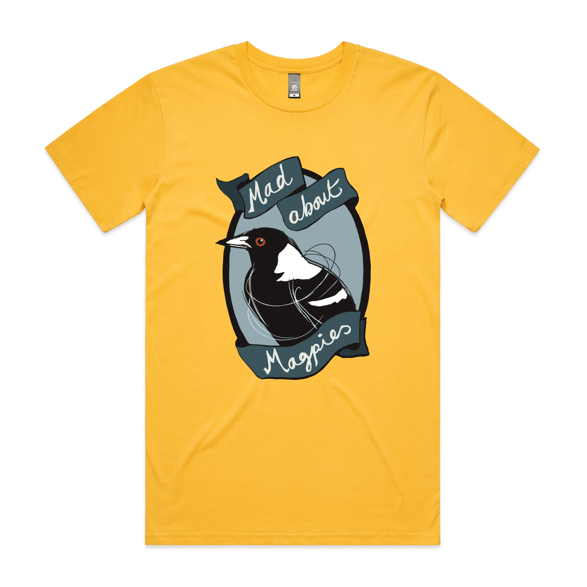 Yellow unisex t-shirt with Mad About Magpies graphic by Lonely Kids Club