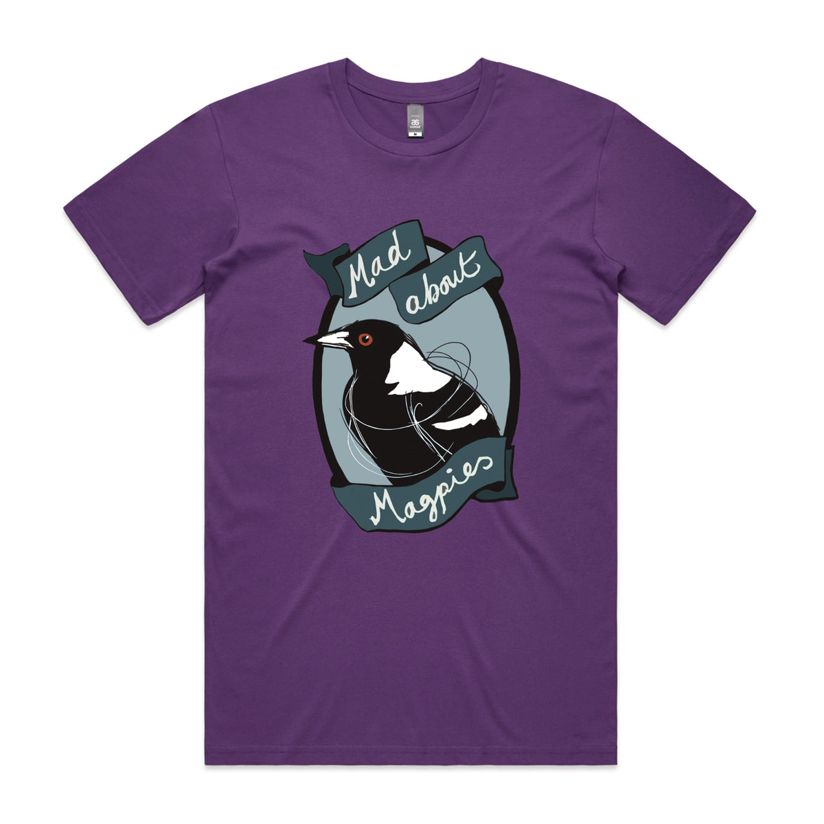 Purple unisex t-shirt with Mad About Magpies graphic by Lonely Kids Club