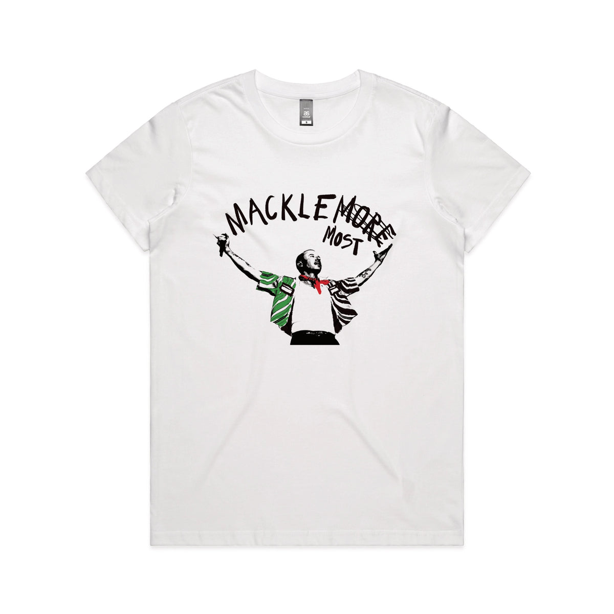 White fitted womens t-shirt with Macklemost graphic by Lonely Kids Club