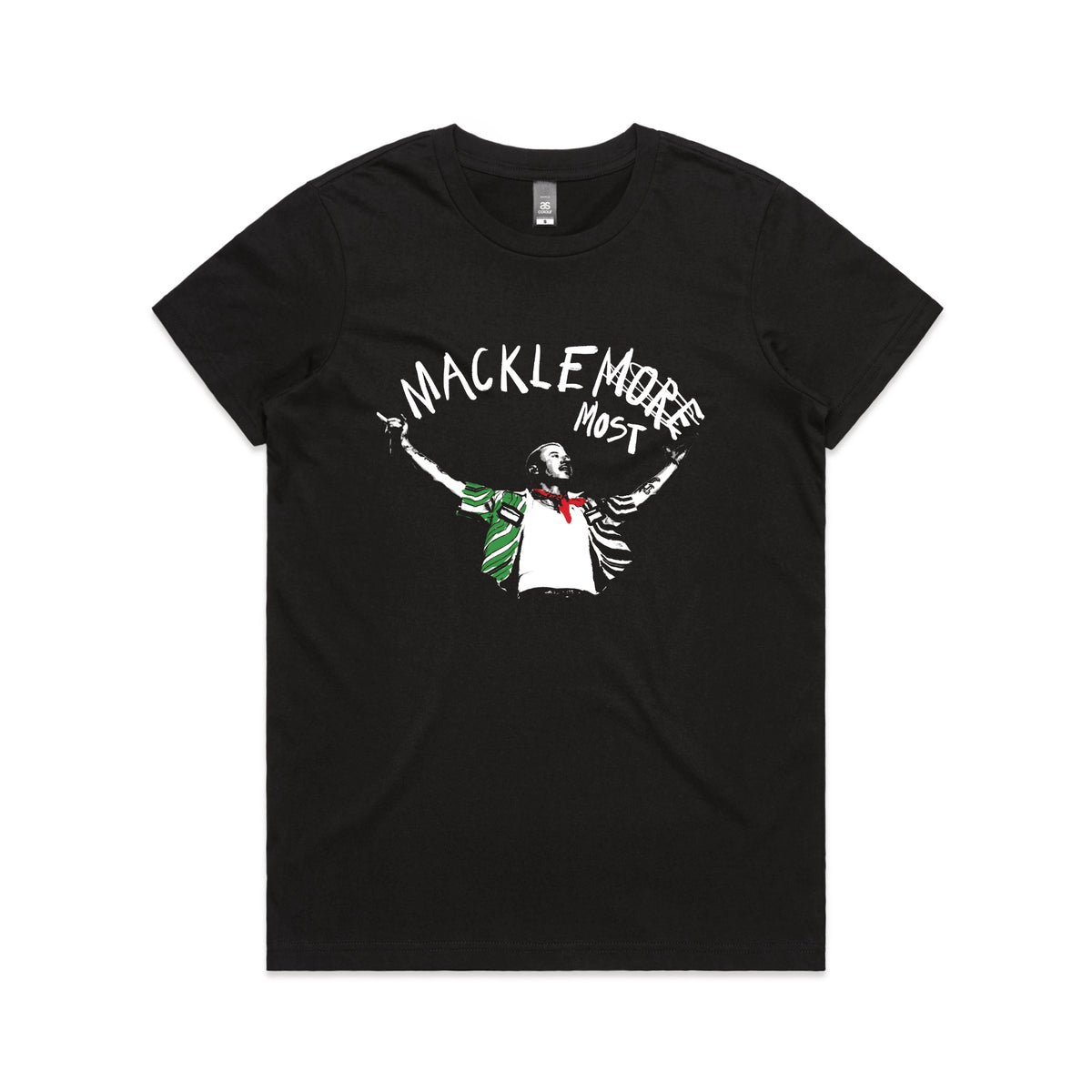 Black fitted womens t-shirt with Macklemost graphic by Lonely Kids Club