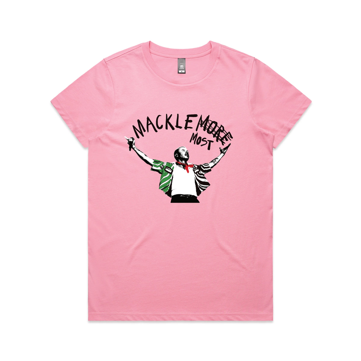 Bubblegum fitted womens t-shirt with Macklemost graphic by Lonely Kids Club