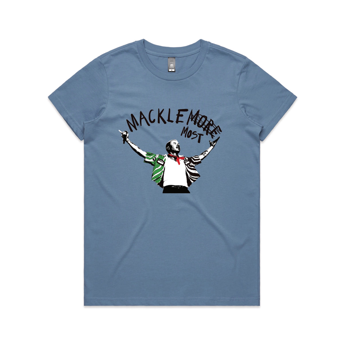 Carolina Blue fitted womens t-shirt with Macklemost graphic by Lonely Kids Club