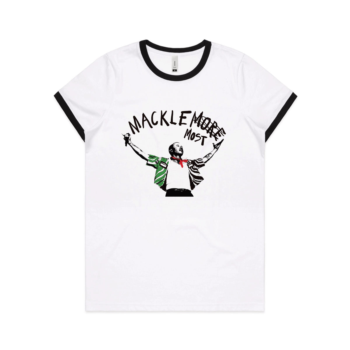 Black/White Ringer fitted womens t-shirt with Macklemost graphic by Lonely Kids Club