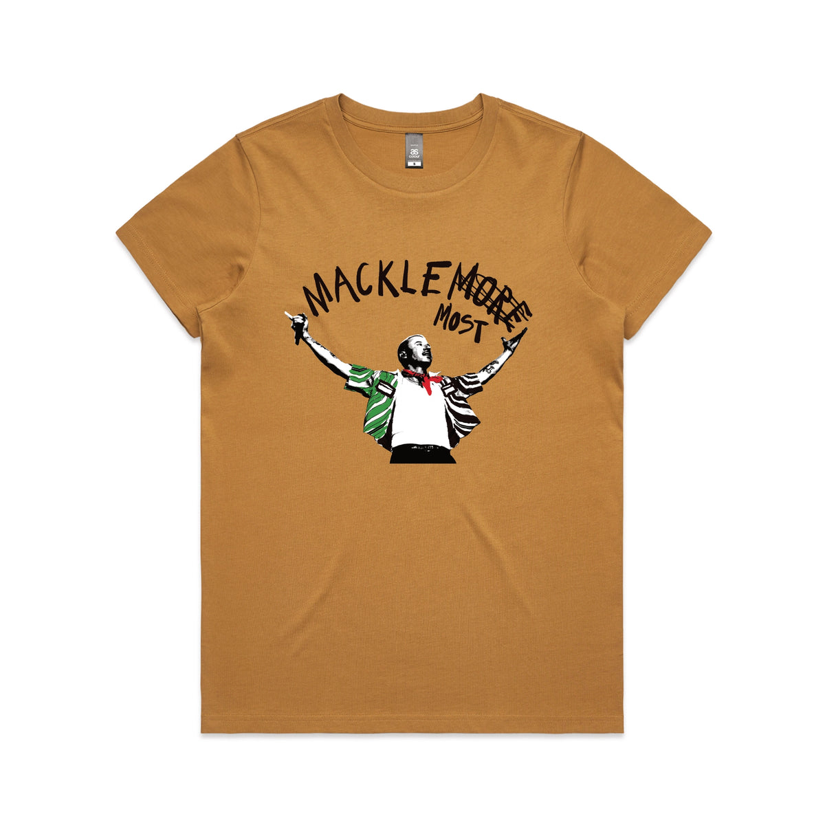 Camel fitted womens t-shirt with Macklemost graphic by Lonely Kids Club