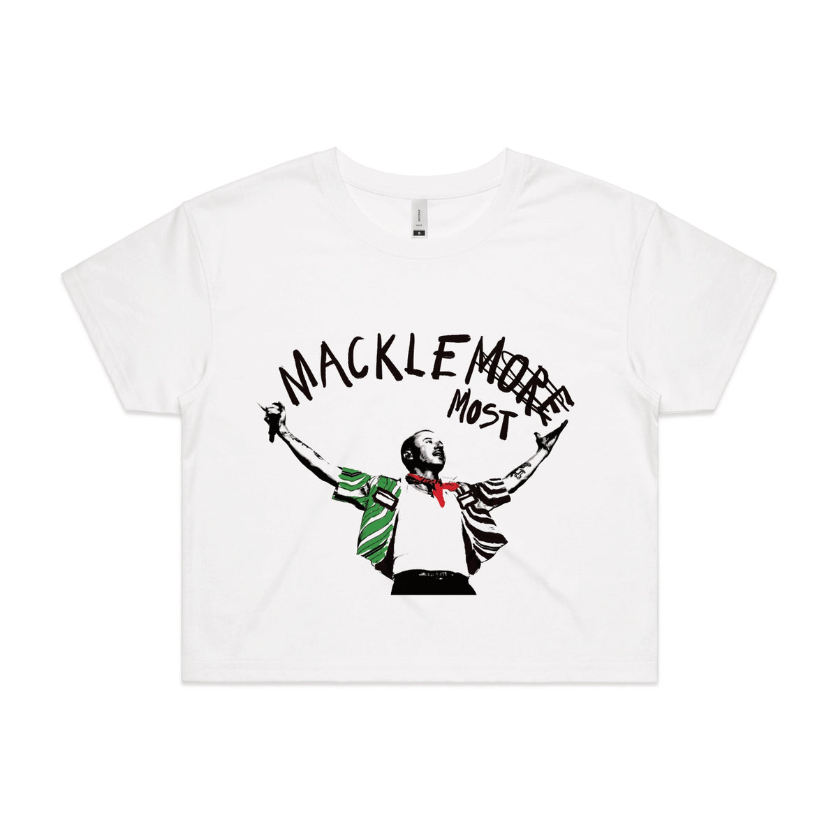 White crop top with Macklemost graphic by Lonely Kids Club