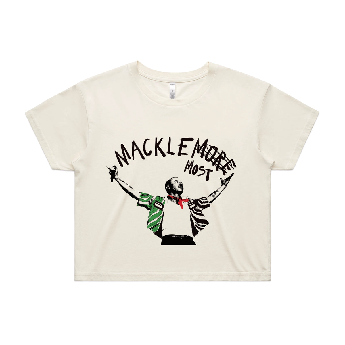 Ecru crop top with Macklemost graphic by Lonely Kids Club