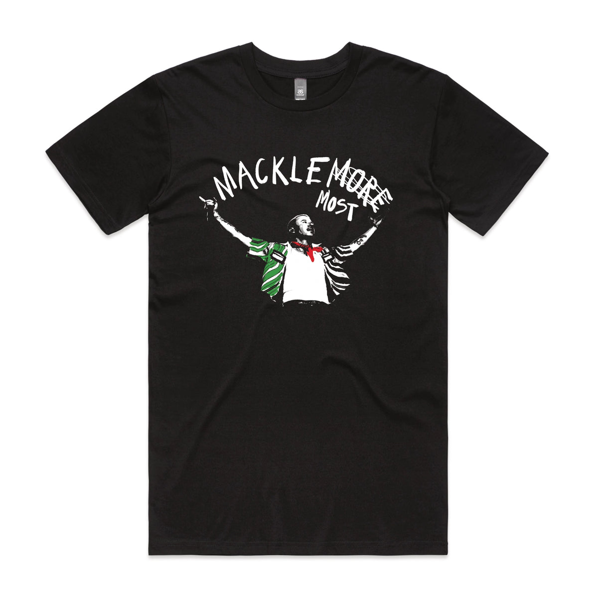 Black unisex t-shirt with Macklemost graphic by Lonely Kids Club