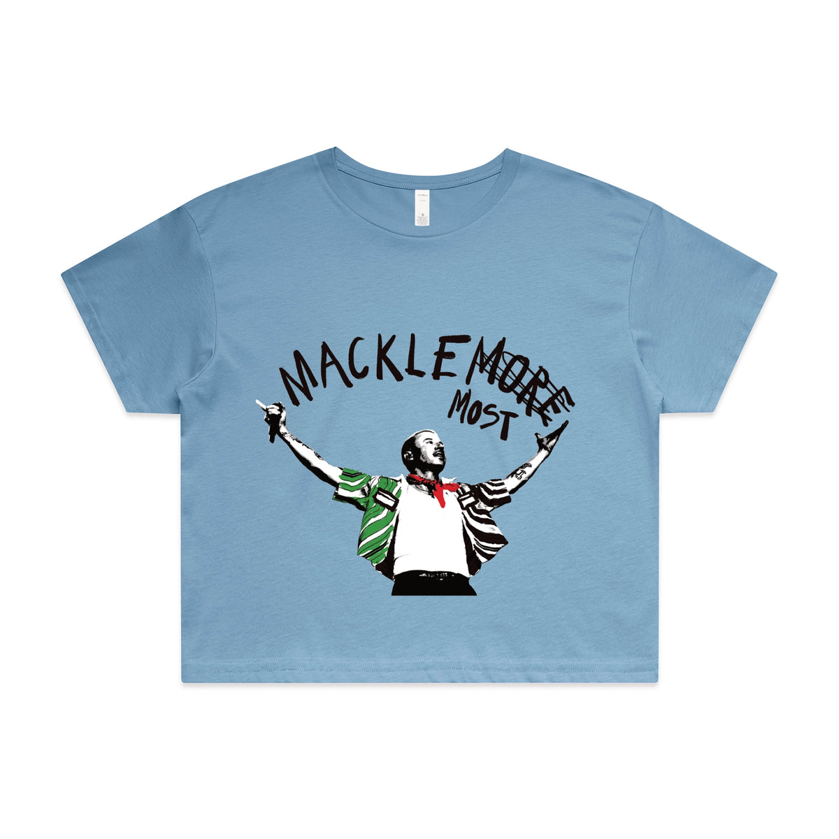 Carolina Blue crop top with Macklemost graphic by Lonely Kids Club