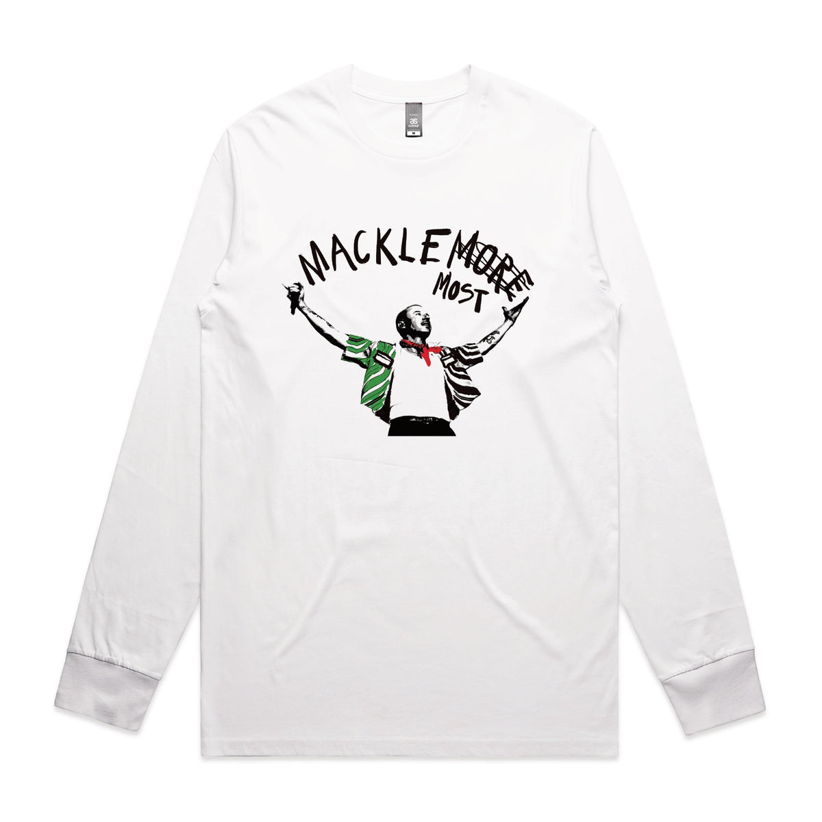 White long sleeve t-shirt with Macklemost graphic by Lonely Kids Club