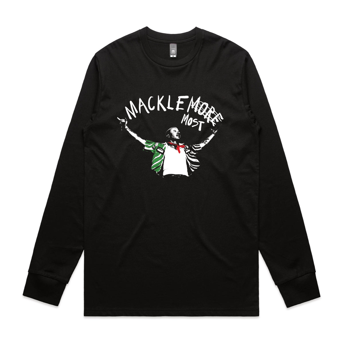 Black long sleeve t-shirt with Macklemost graphic by Lonely Kids Club