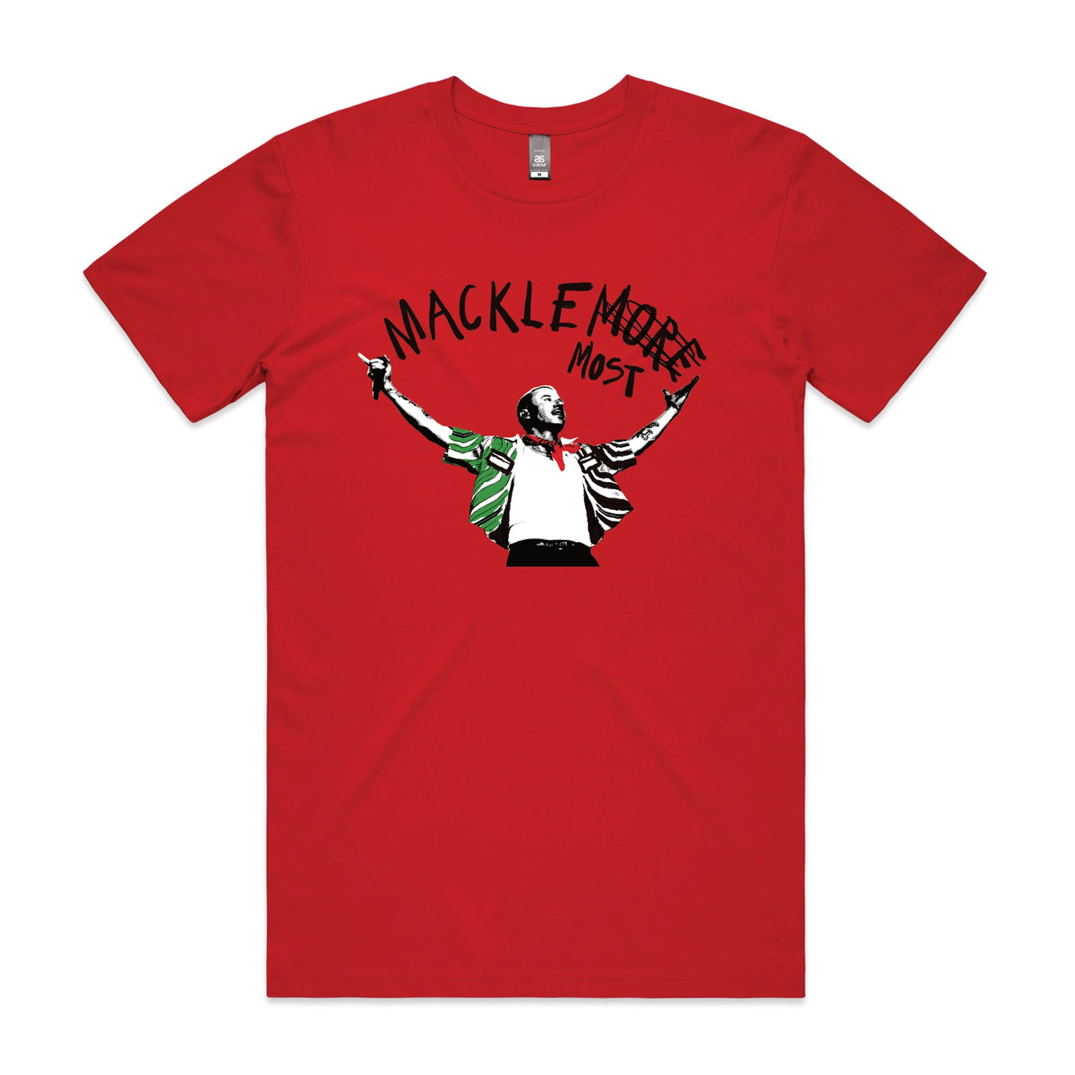 Red unisex t-shirt with Macklemost graphic by Lonely Kids Club