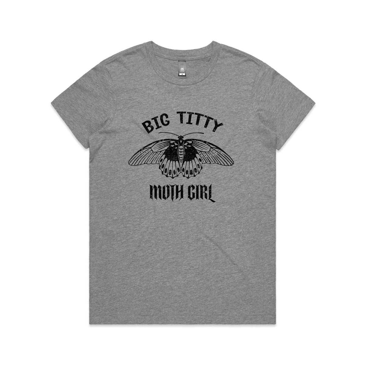 Grey Marle fitted womens t-shirt with Big Titty Moth Girl graphic by Lonely Kids Club