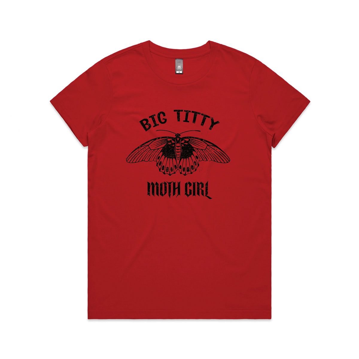Red fitted womens t-shirt with Big Titty Moth Girl graphic by Lonely Kids Club