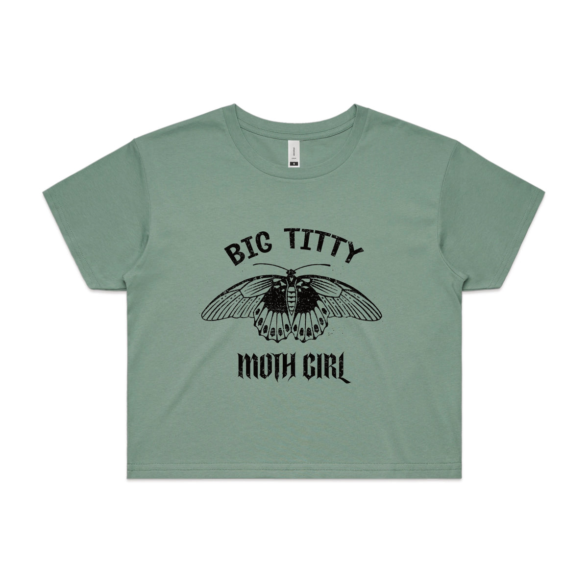 Sage crop top with Big Titty Moth Girl graphic by Lonely Kids Club