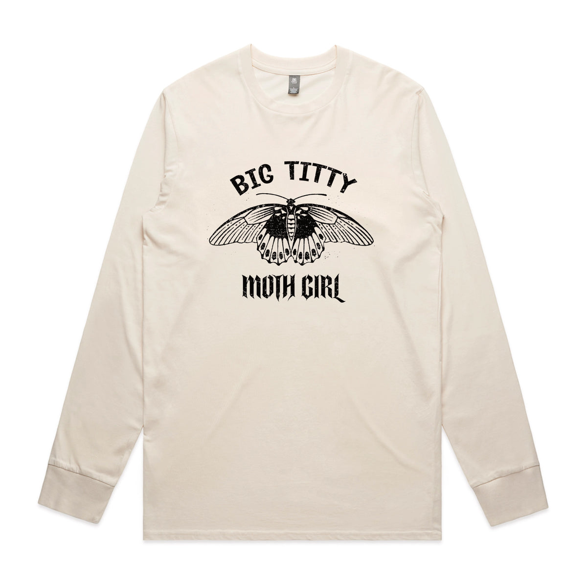 Ecru long sleeve t-shirt with Big Titty Moth Girl graphic by Lonely Kids Club