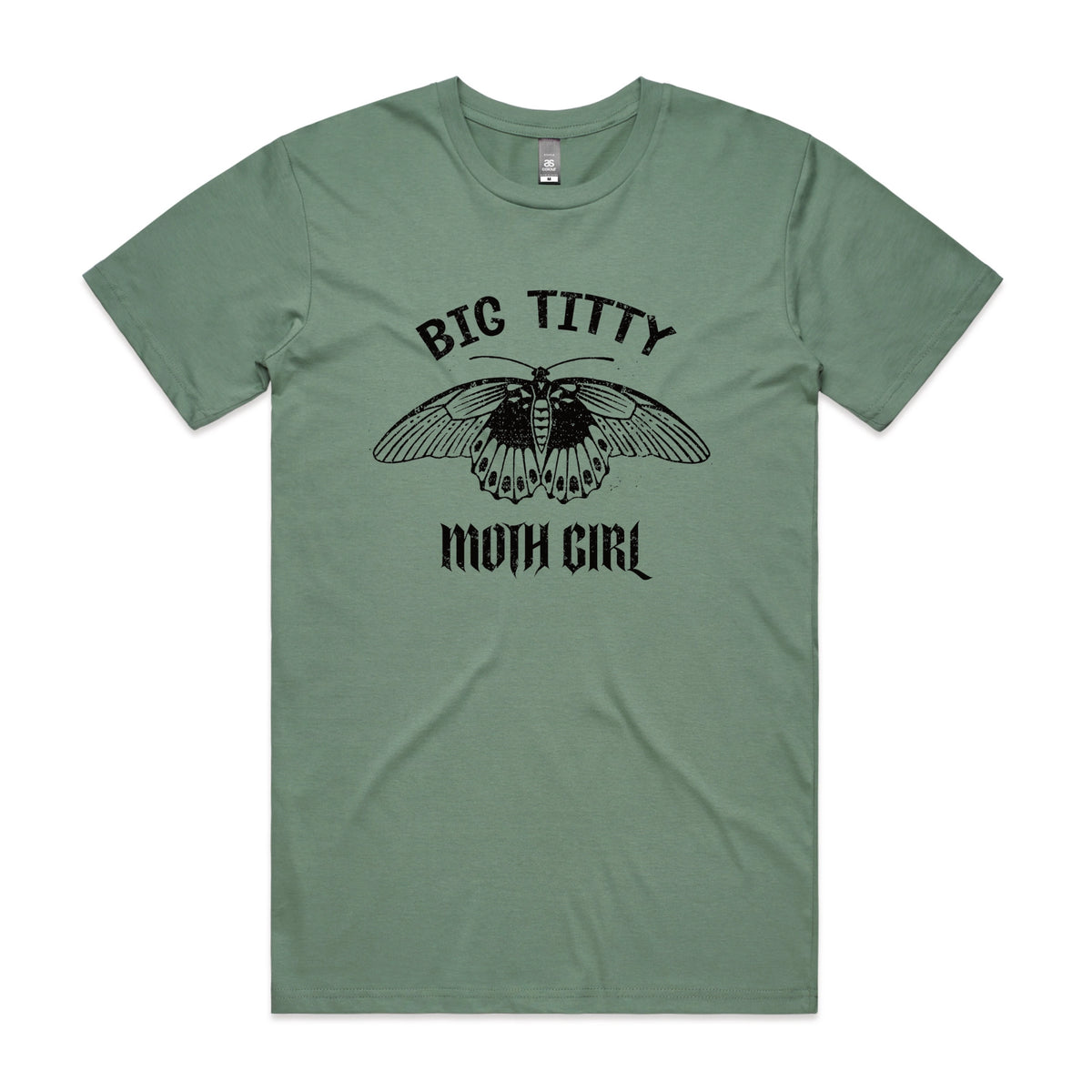 Sage unisex t-shirt with Big Titty Moth Girl graphic by Lonely Kids Club