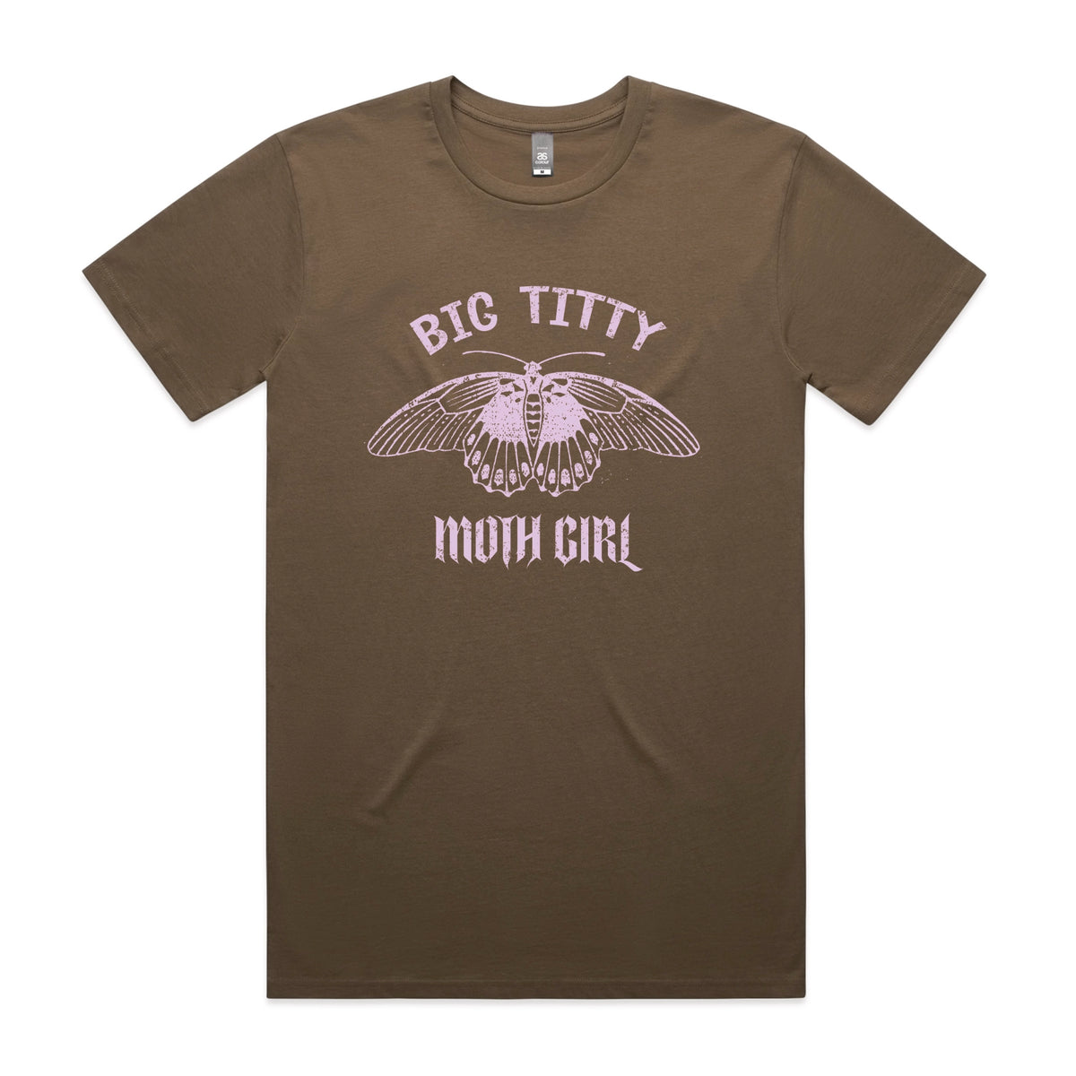 Walnut unisex t-shirt with Big Titty Moth Girl graphic by Lonely Kids Club