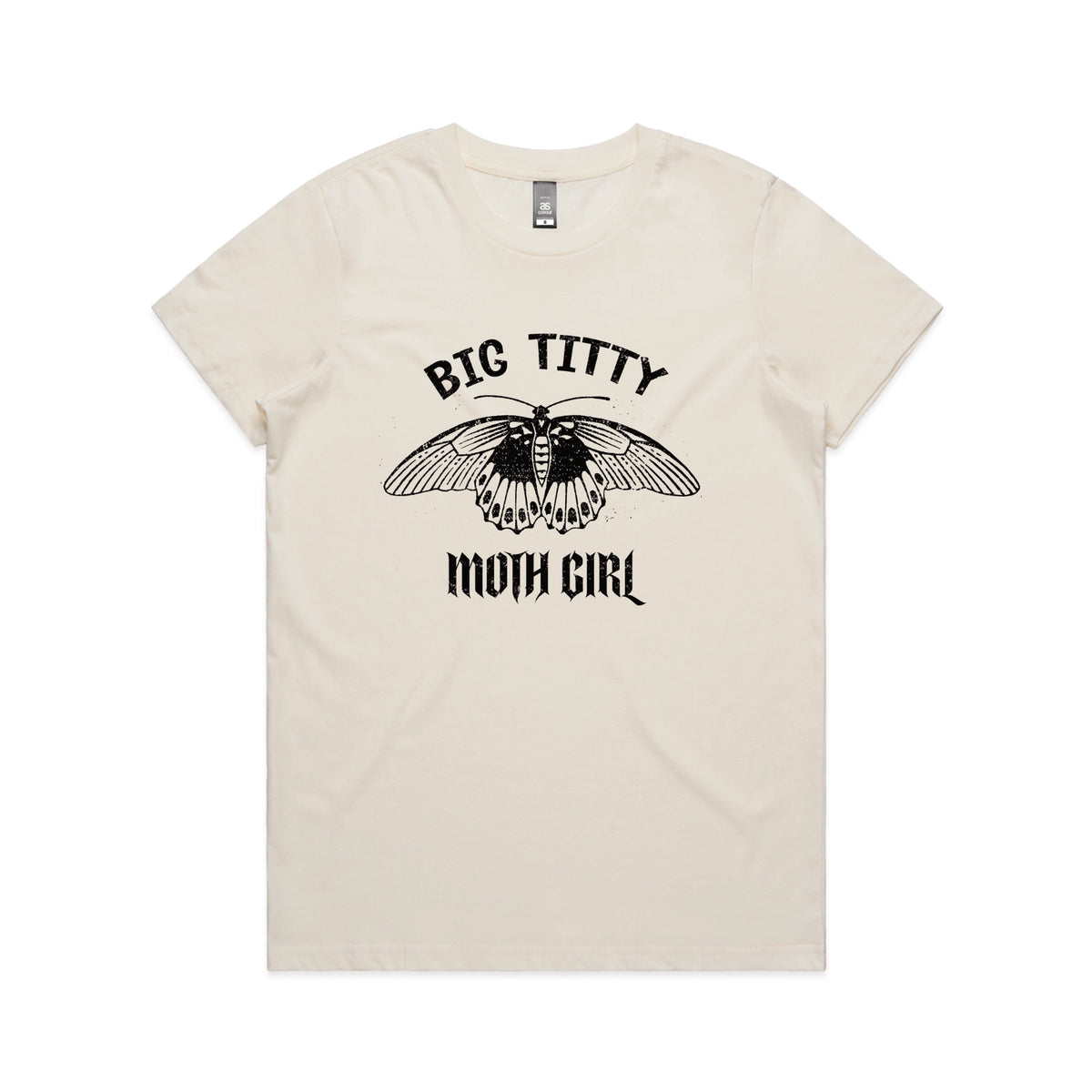 Ecru fitted womens t-shirt with Big Titty Moth Girl graphic by Lonely Kids Club
