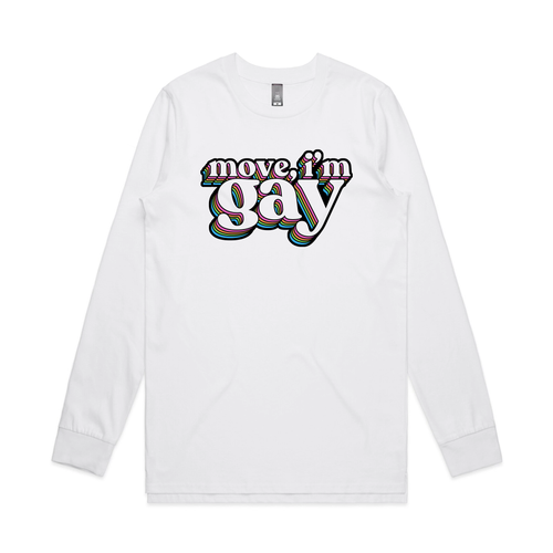 Move, I'm Gay Tee by Lonely Kids Club. All clothing from our T-shirts to our shorts and hoodies are ethically made, and printed packed and shipped from Sydney.