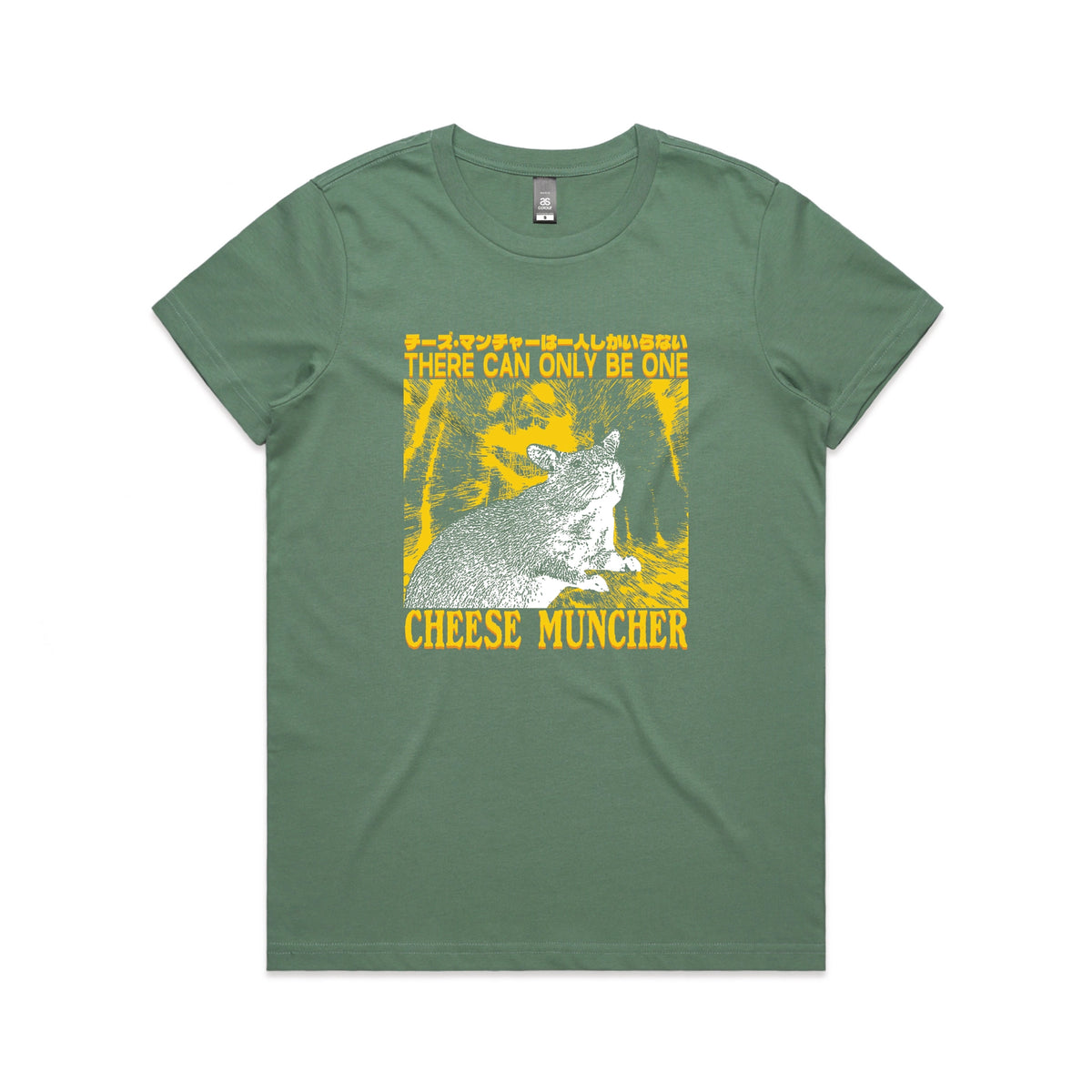 Sage fitted womens t-shirt with Cheese Muncher graphic by Lonely Kids Club