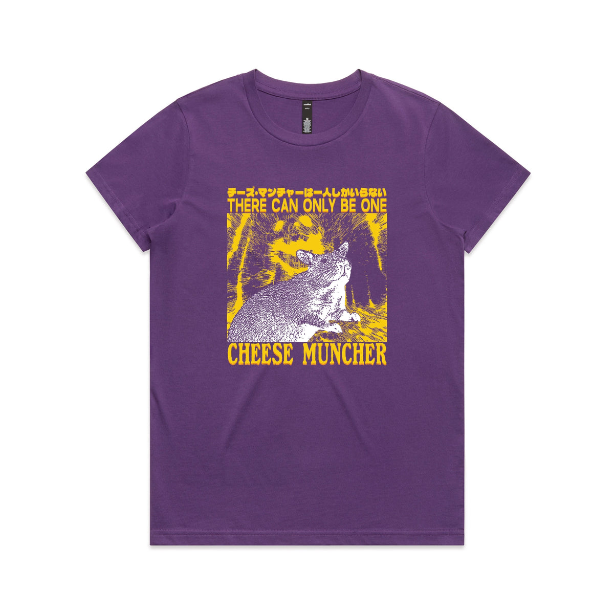 Purple fitted womens t-shirt with Cheese Muncher graphic by Lonely Kids Club