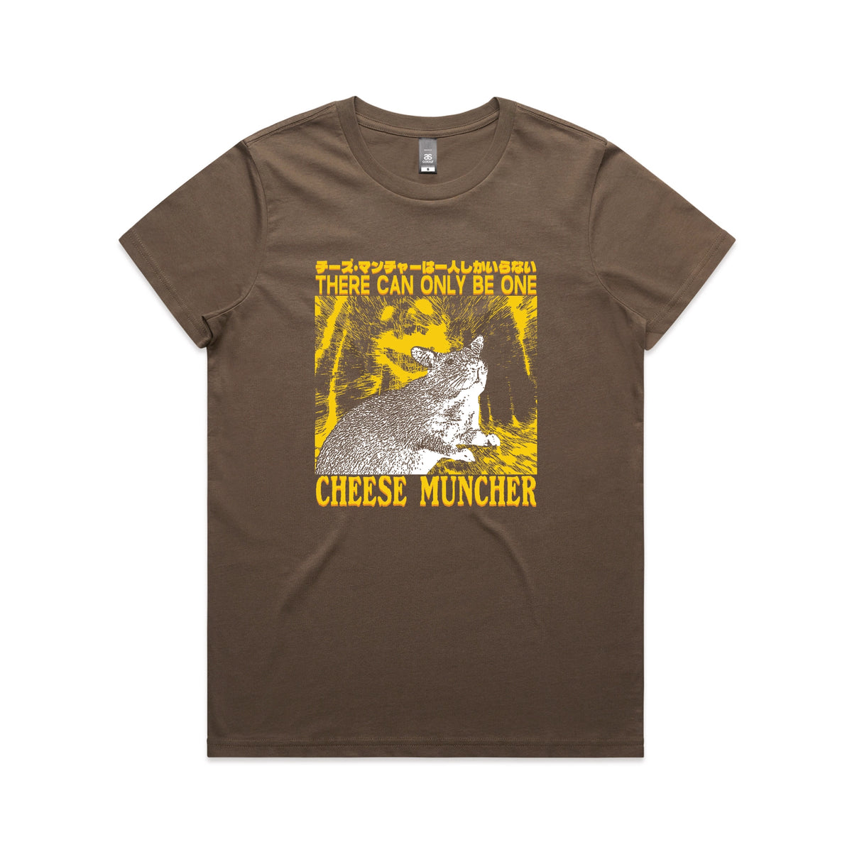 Walnut fitted womens t-shirt with Cheese Muncher graphic by Lonely Kids Club