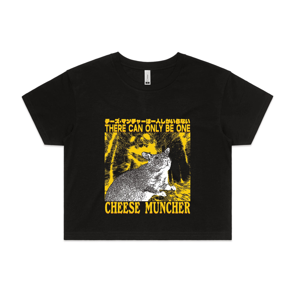 Black crop top with Cheese Muncher graphic by Lonely Kids Club