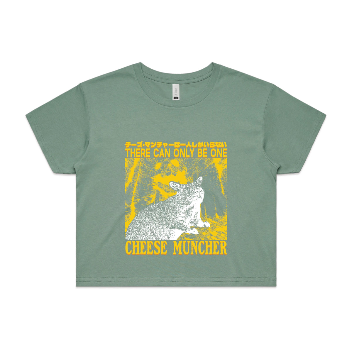 Sage crop top with Cheese Muncher graphic by Lonely Kids Club