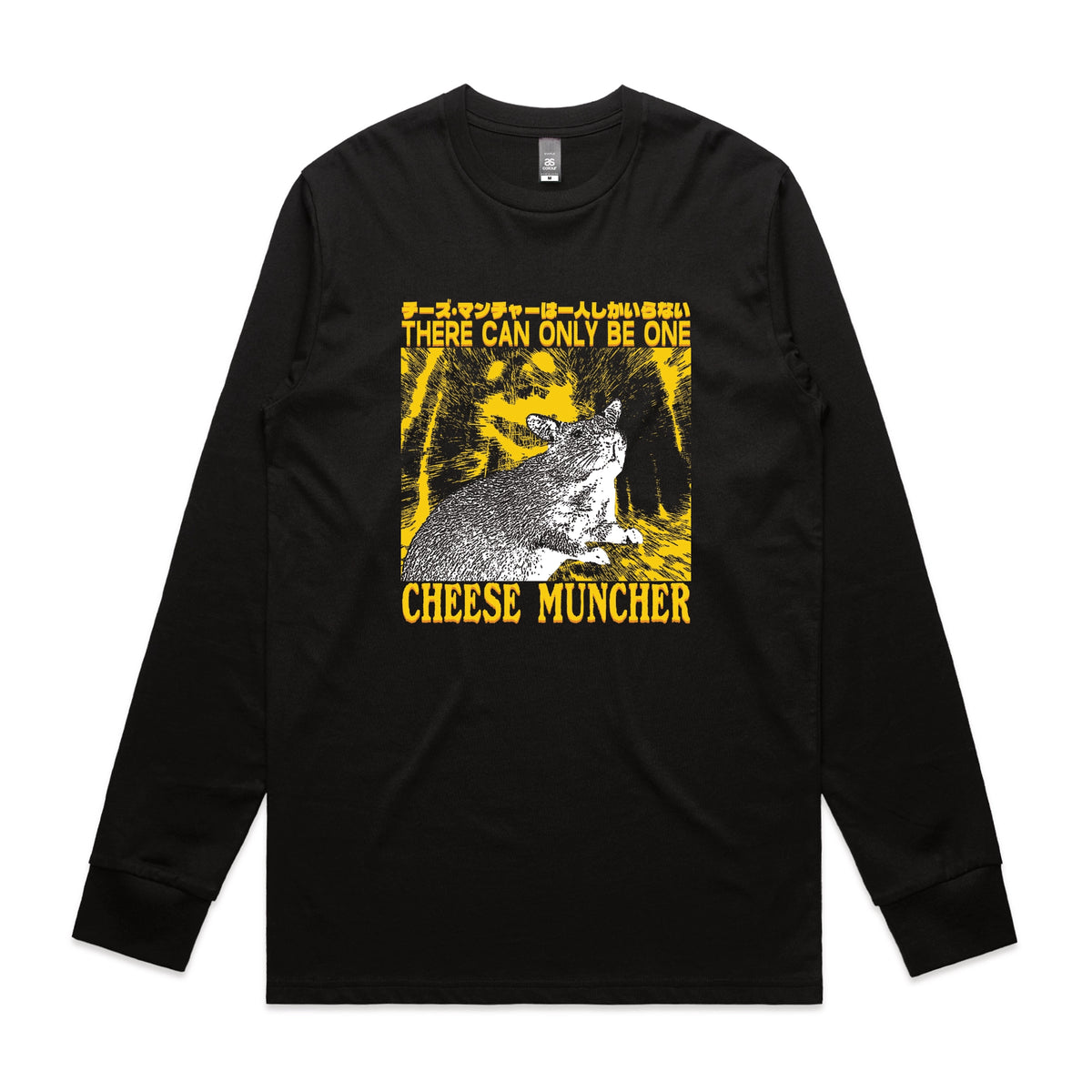 Black long sleeve t-shirt with Cheese Muncher graphic by Lonely Kids Club