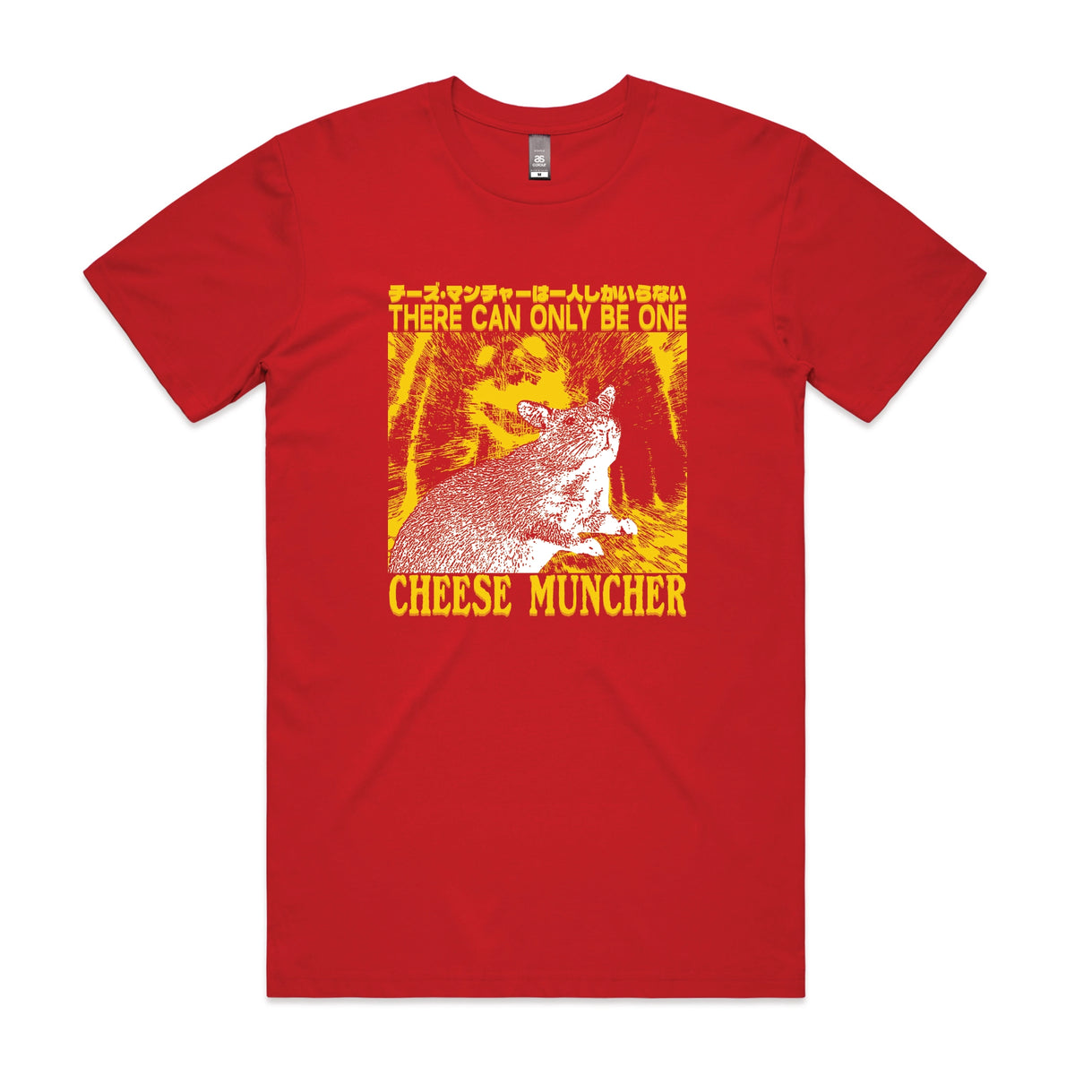 Red unisex t-shirt with Cheese Muncher graphic by Lonely Kids Club