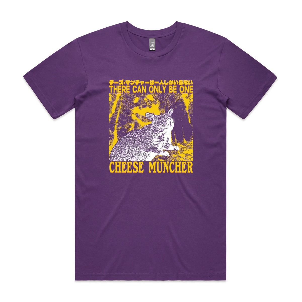 Purple unisex t-shirt with Cheese Muncher graphic by Lonely Kids Club