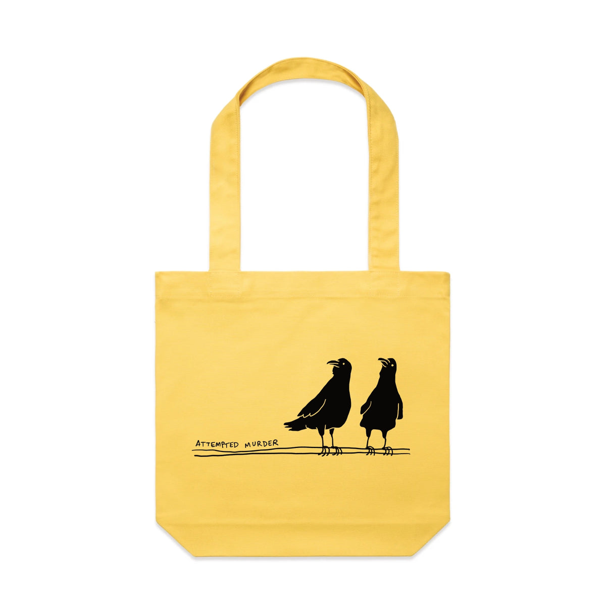 Yellow carrie tote with Attempted Murder Tote graphic by Lonely Kids Club