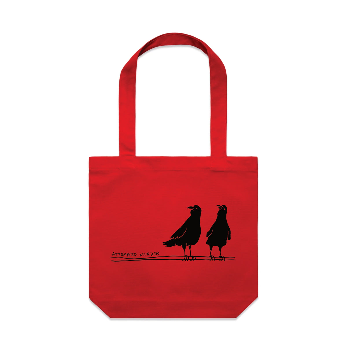 Red carrie tote with Attempted Murder Tote graphic by Lonely Kids Club