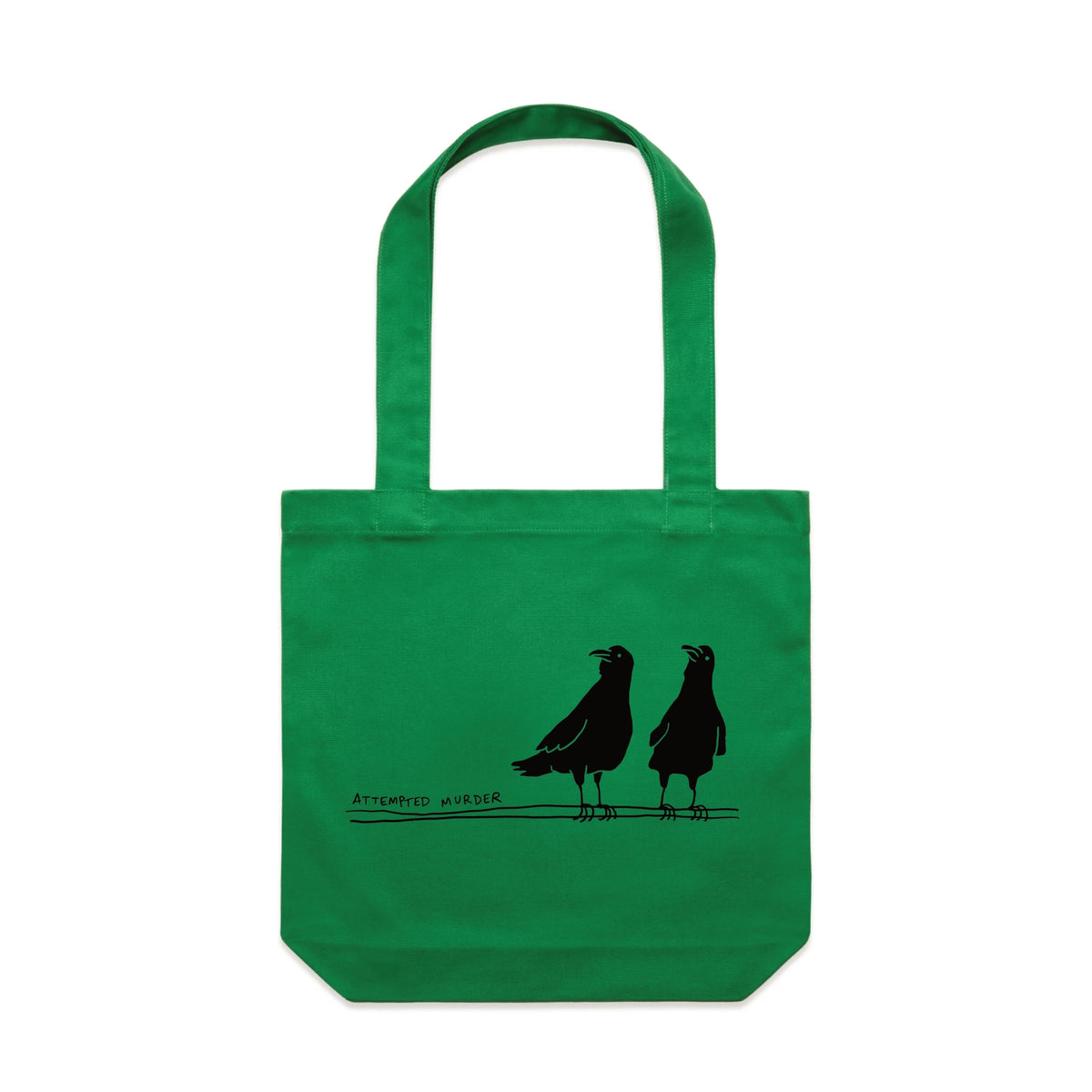 Green carrie tote with Attempted Murder Tote graphic by Lonely Kids Club