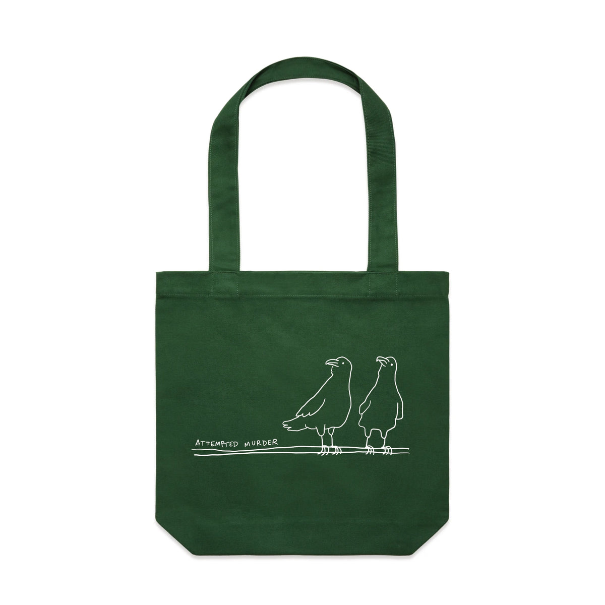 Forest Green carrie tote with Attempted Murder Tote graphic by Lonely Kids Club