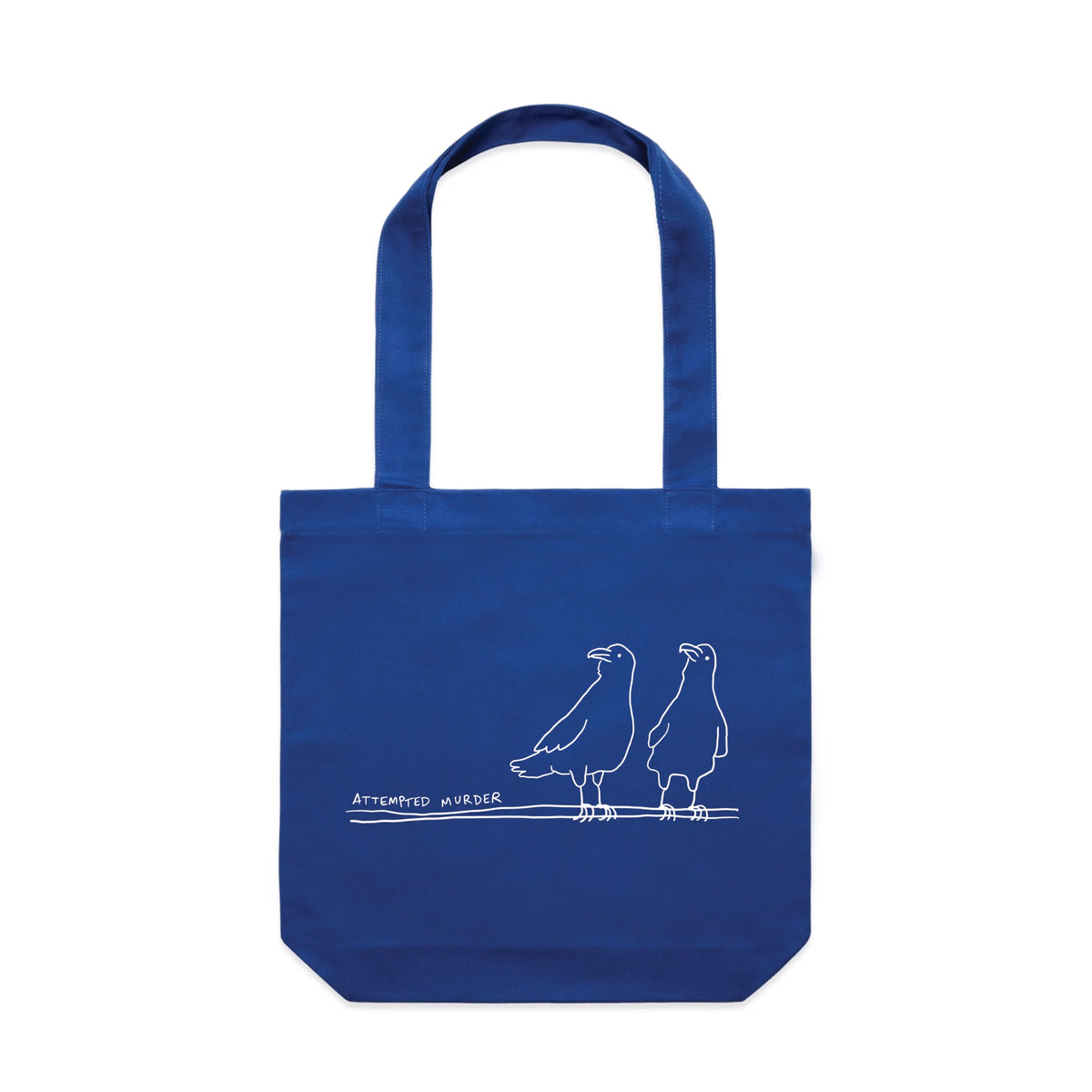 Royal Blue carrie tote with Attempted Murder Tote graphic by Lonely Kids Club