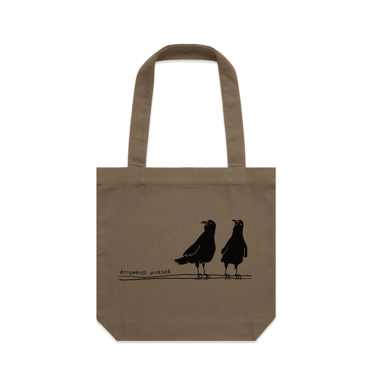 Walnut carrie tote with Attempted Murder Tote graphic by Lonely Kids Club