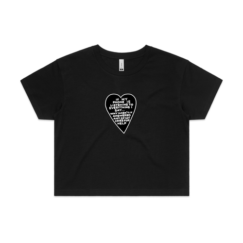 My Phone Is Listening Tee by Lonely Kids Club. All clothing from our T-shirts to our shorts and hoodies are ethically made, and printed packed and shipped from Sydney.