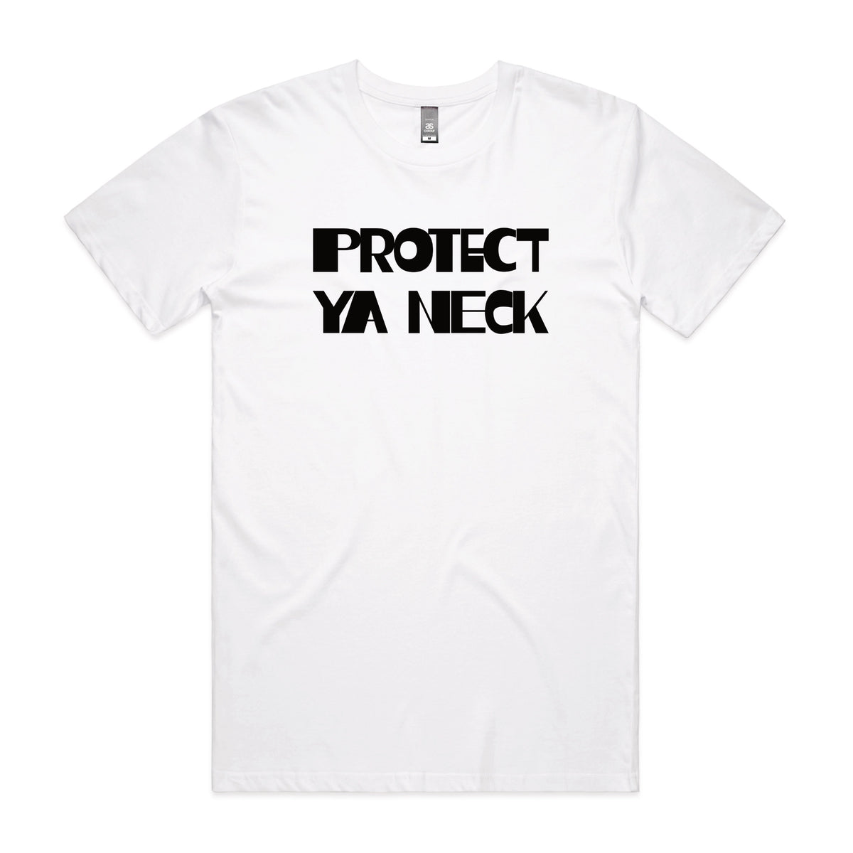 White unisex t-shirt with Protect Ya Neck graphic by Lonely Kids Club