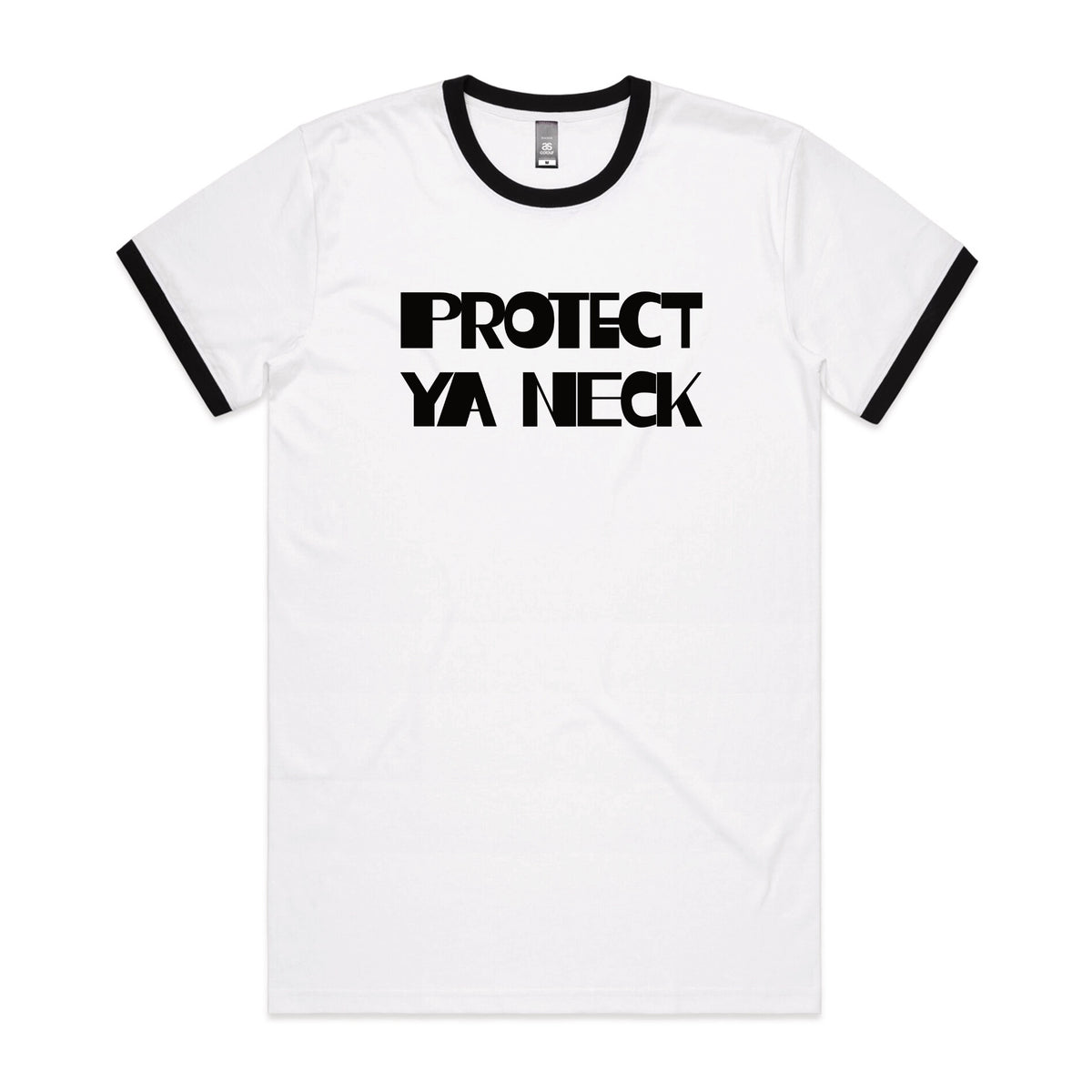 Black/White Ringer unisex t-shirt with Protect Ya Neck graphic by Lonely Kids Club