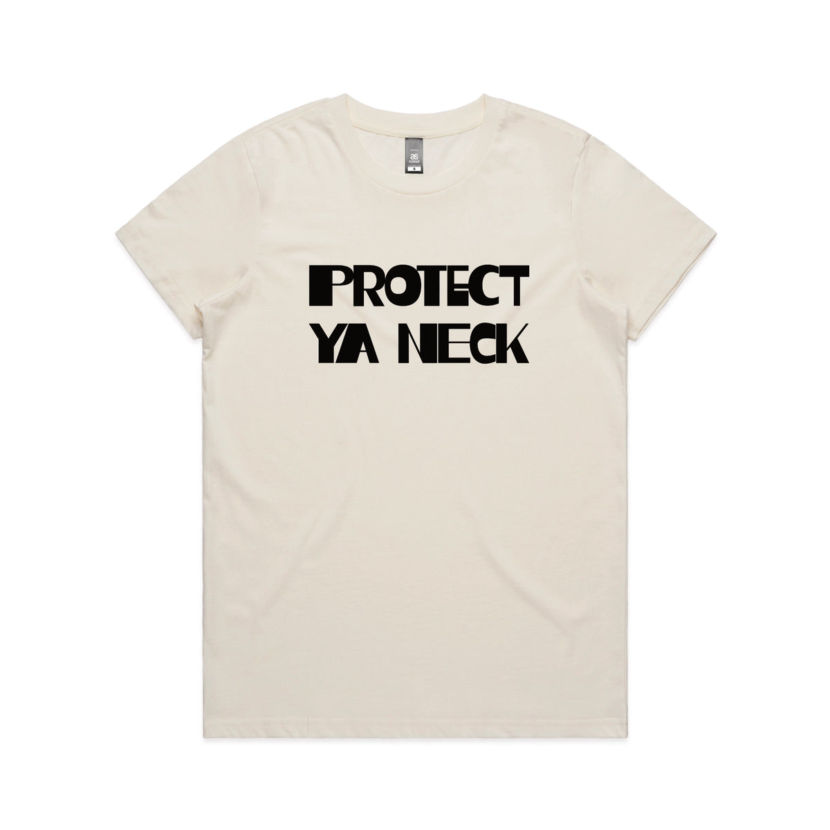 Ecru fitted womens t-shirt with Protect Ya Neck graphic by Lonely Kids Club