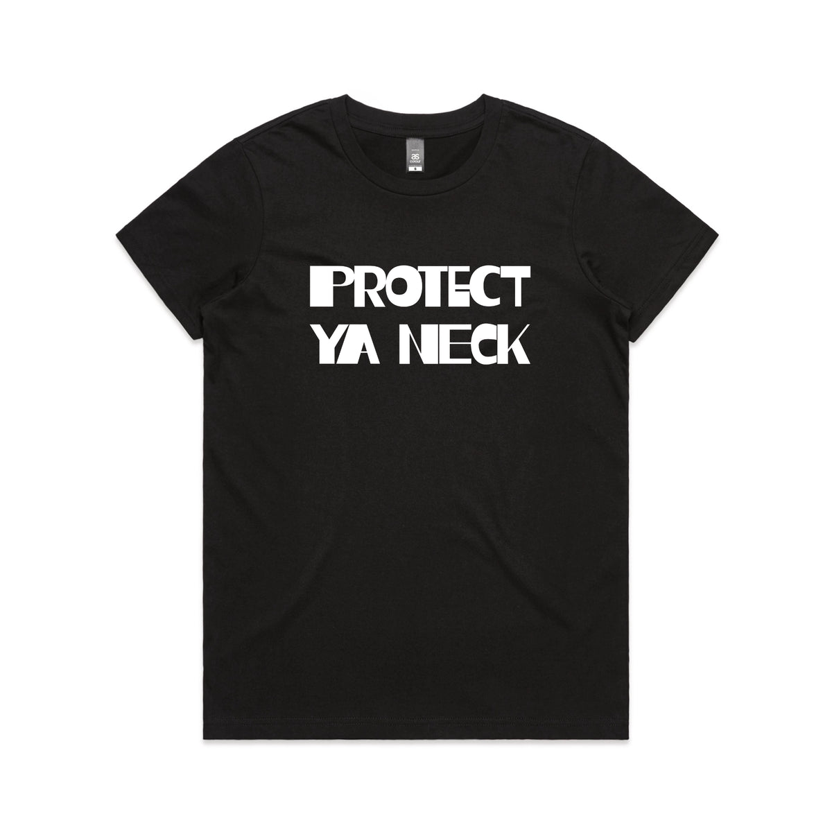 Black fitted womens t-shirt with Protect Ya Neck graphic by Lonely Kids Club