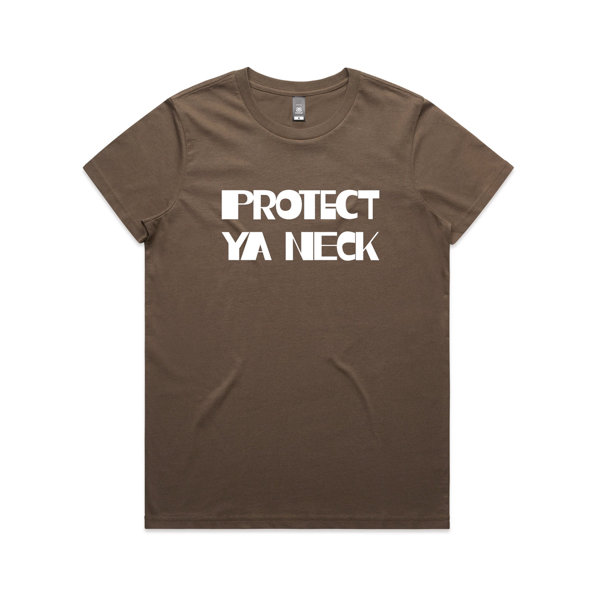 Walnut fitted womens t-shirt with Protect Ya Neck graphic by Lonely Kids Club