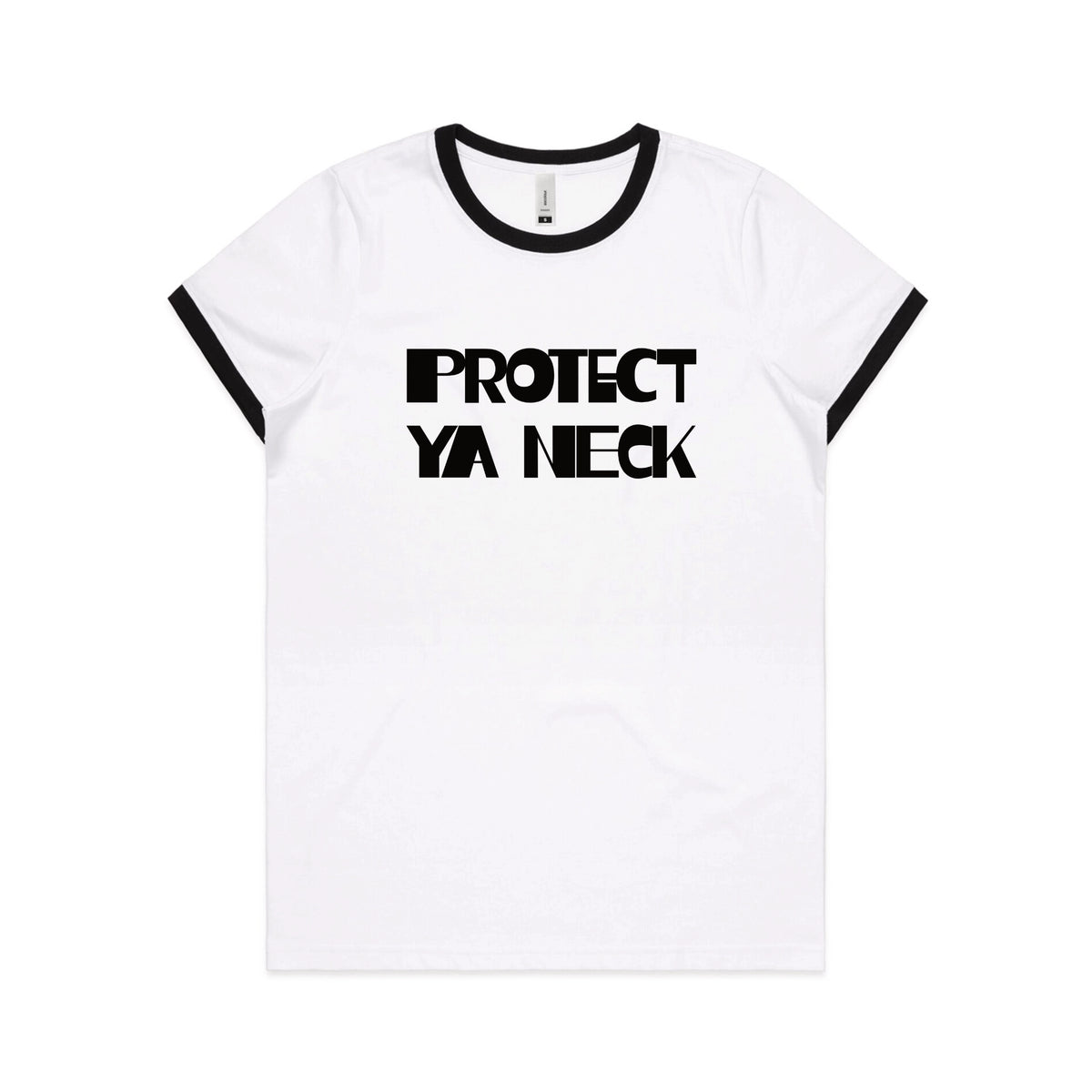 Black/White Ringer fitted womens t-shirt with Protect Ya Neck graphic by Lonely Kids Club