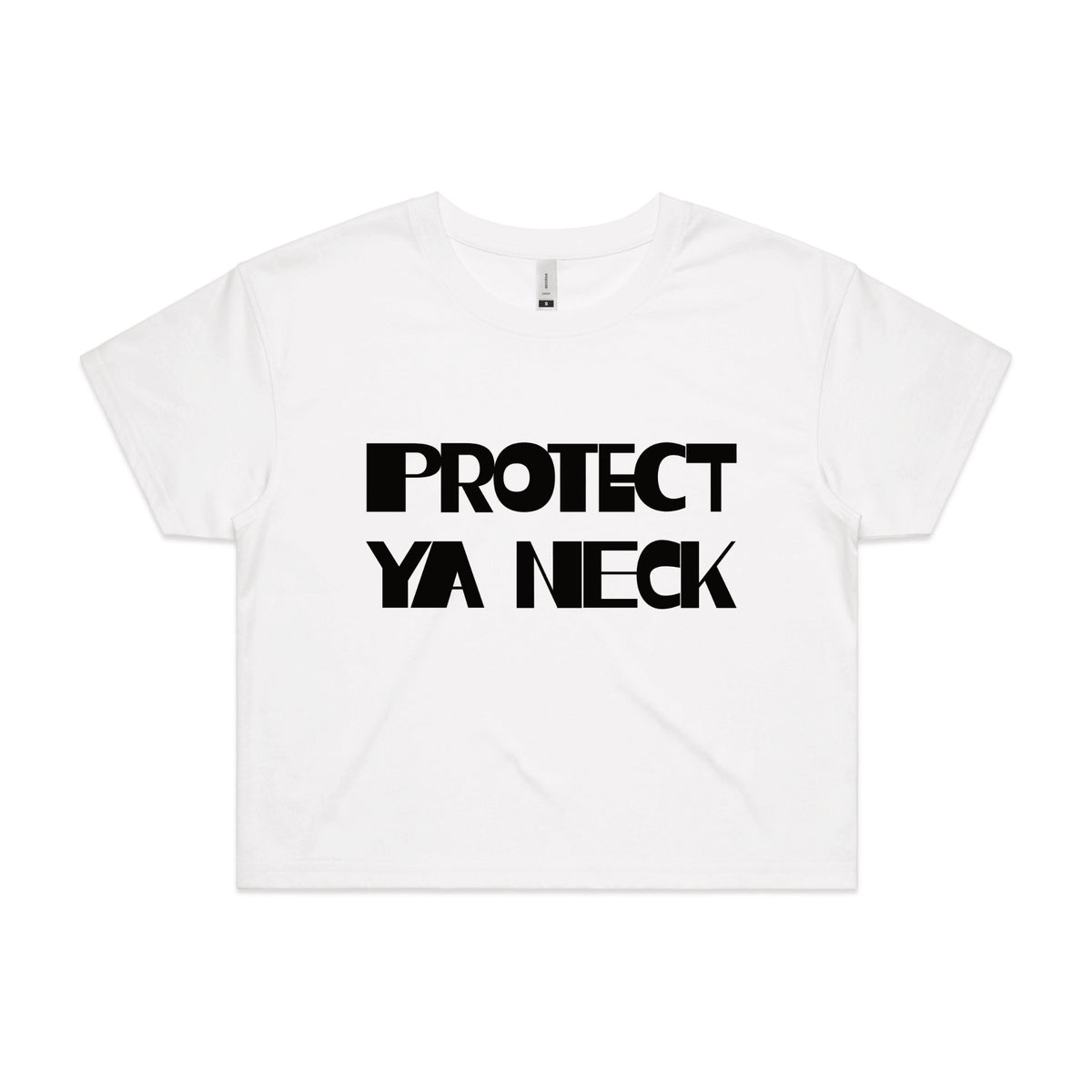 White crop top with Protect Ya Neck graphic by Lonely Kids Club