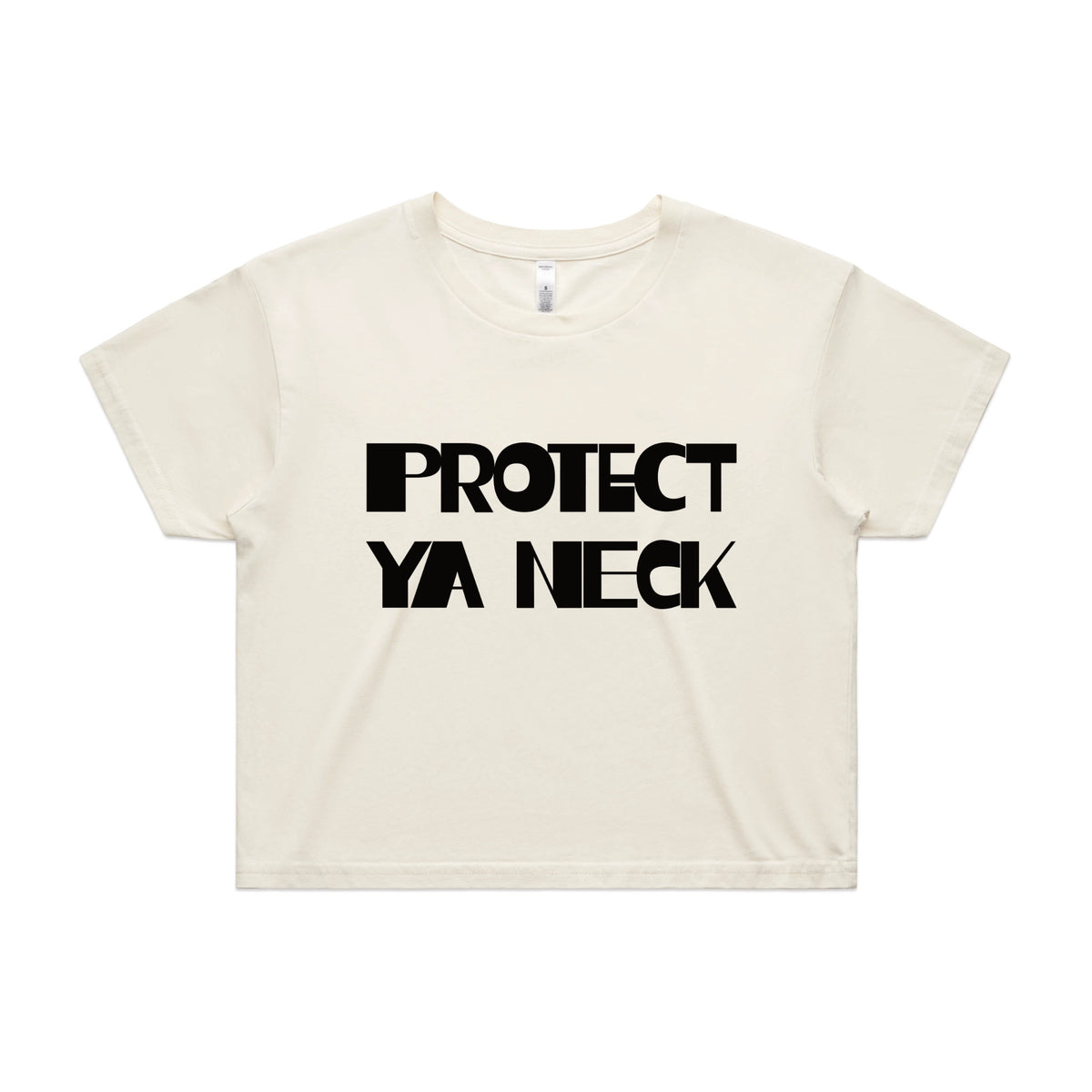 Ecru crop top with Protect Ya Neck graphic by Lonely Kids Club