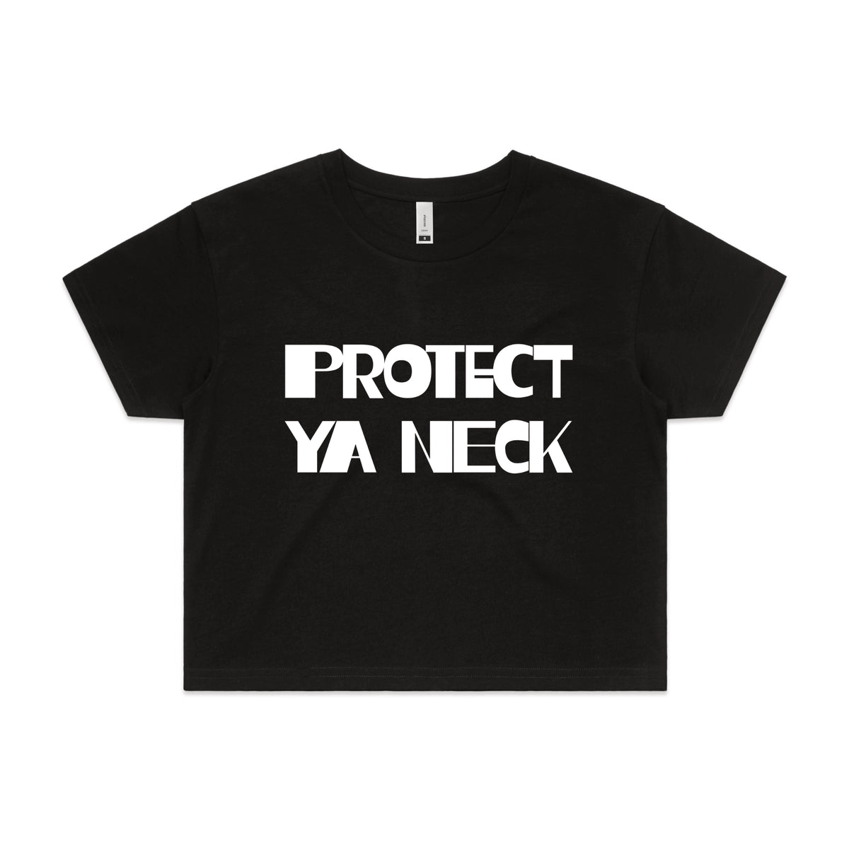 Black crop top with Protect Ya Neck graphic by Lonely Kids Club