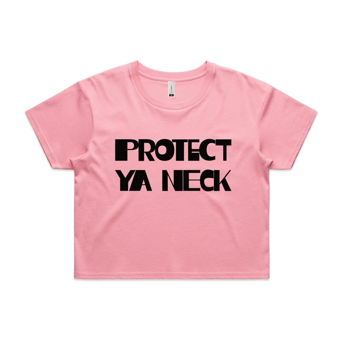 Bubblegum crop top with Protect Ya Neck graphic by Lonely Kids Club